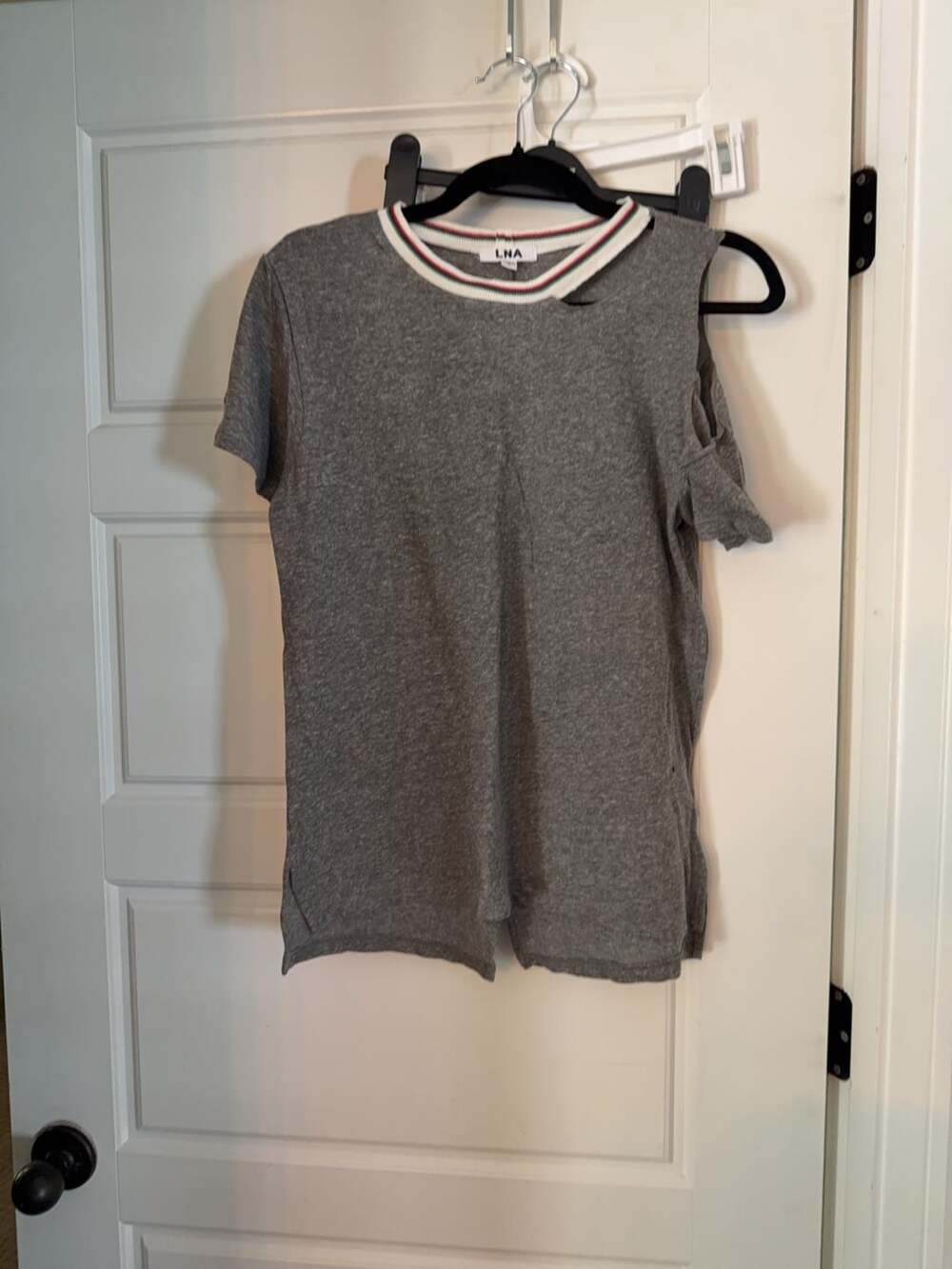 LNA Size S Gray Cold Shoulder Striped Trim T-Shirt